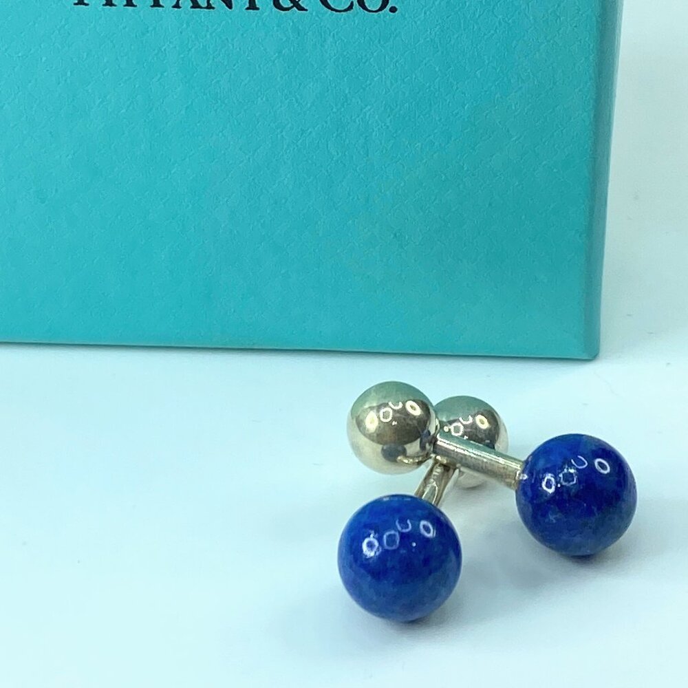 Tiffany & Co. Sterling Silver 925 & Lapis Lazuli Barbell Cufflinks 8g JR542